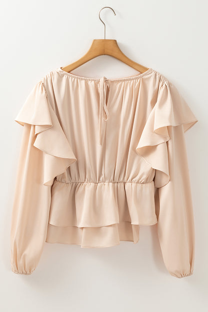 Ruffle Keyhole Back Peplum Blouse