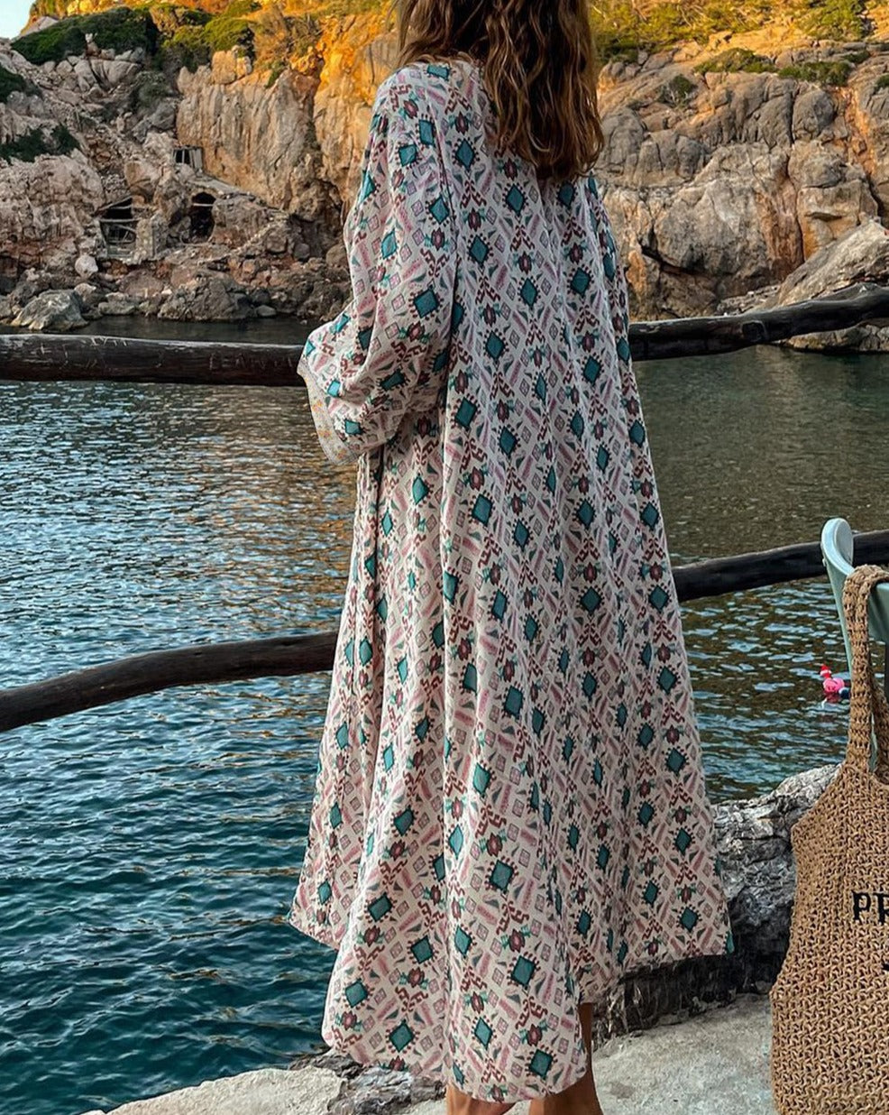 Geometric Embroidered Long Kimono