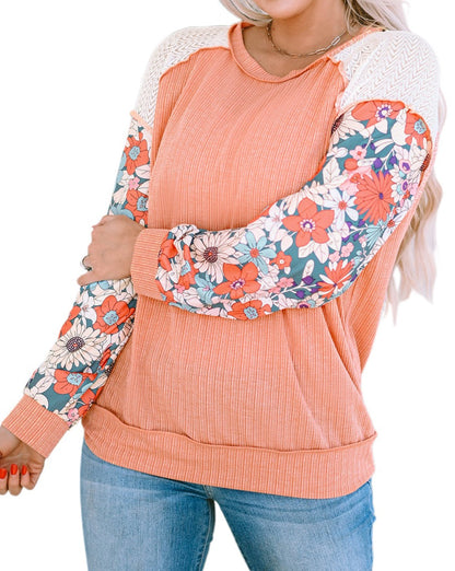 Floral Lace Patchwork Ribbed Blouse