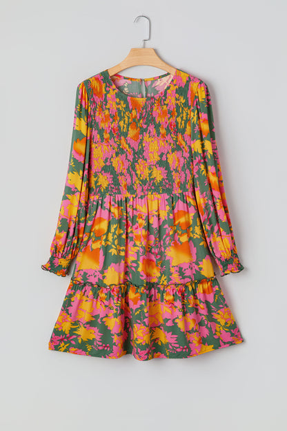 Floral Smocked Ruffle Hem Long Sleeve Mini Dress
