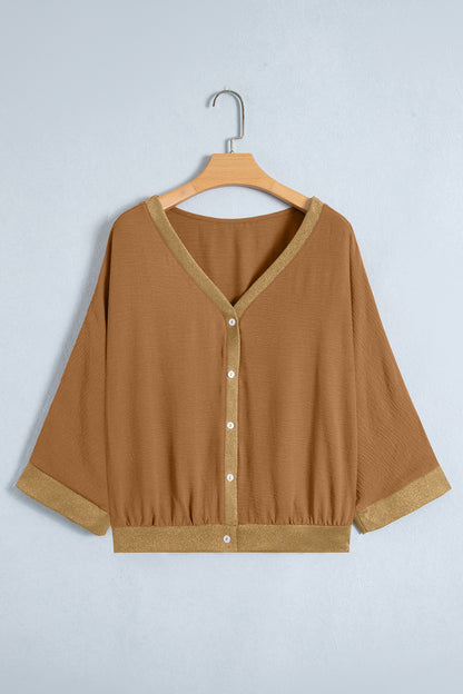 Metallic Trim 3/4 Sleeve Buttoned V-Neck Blouse