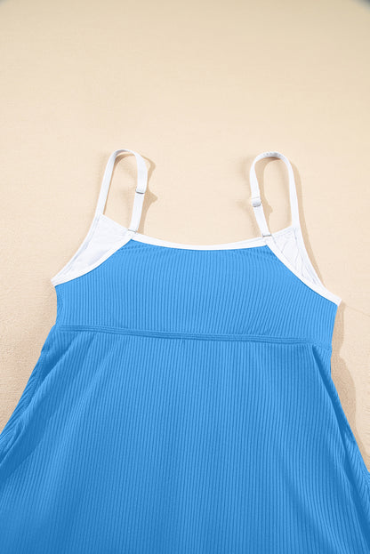 Contrast Trim Ribbed Lined Swim Dress w/ Pockets