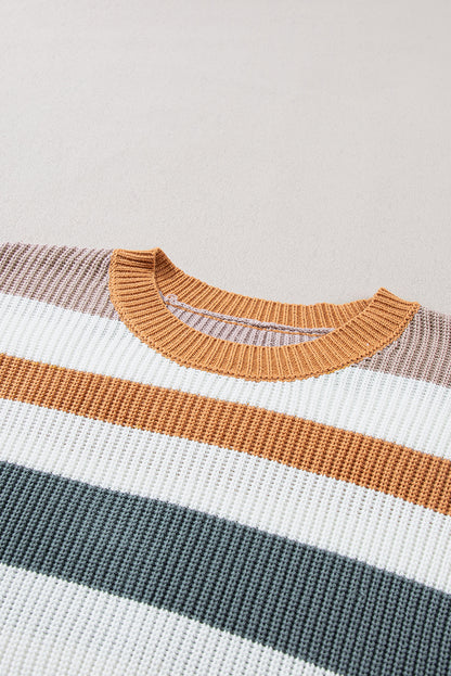Colorblock Stripe Ribbed Round Neck Sweater