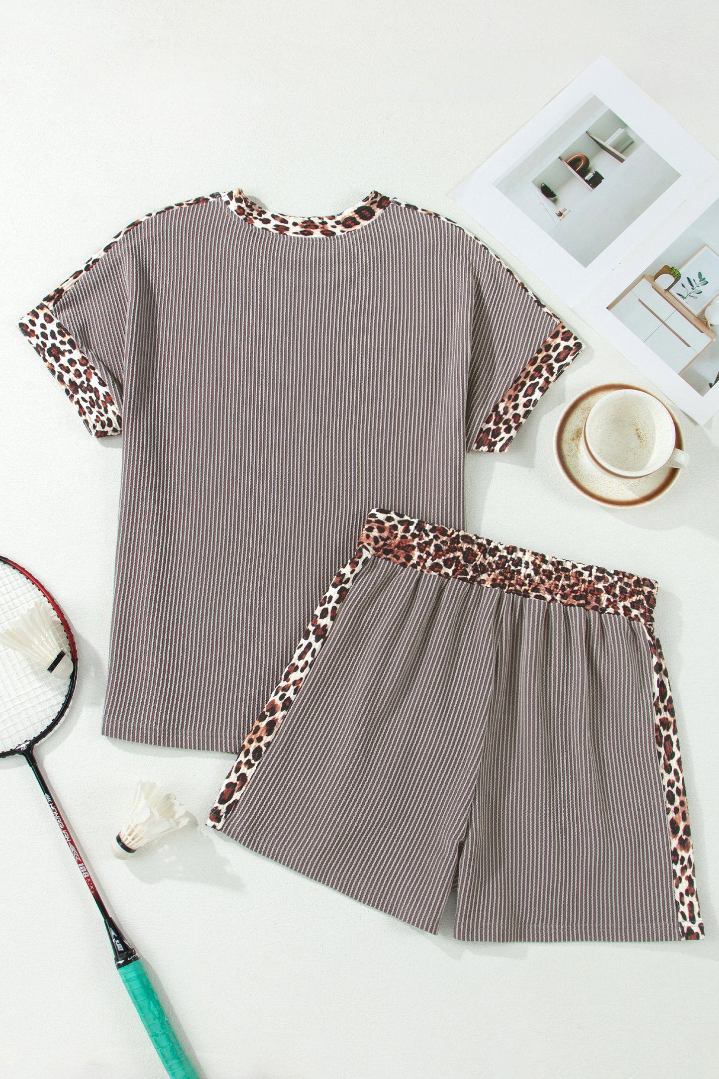 Leopard Trim Corded Top & Shorts Set