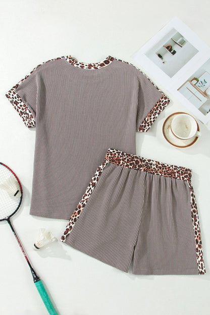 Leopard Trim Corded Top & Shorts Set