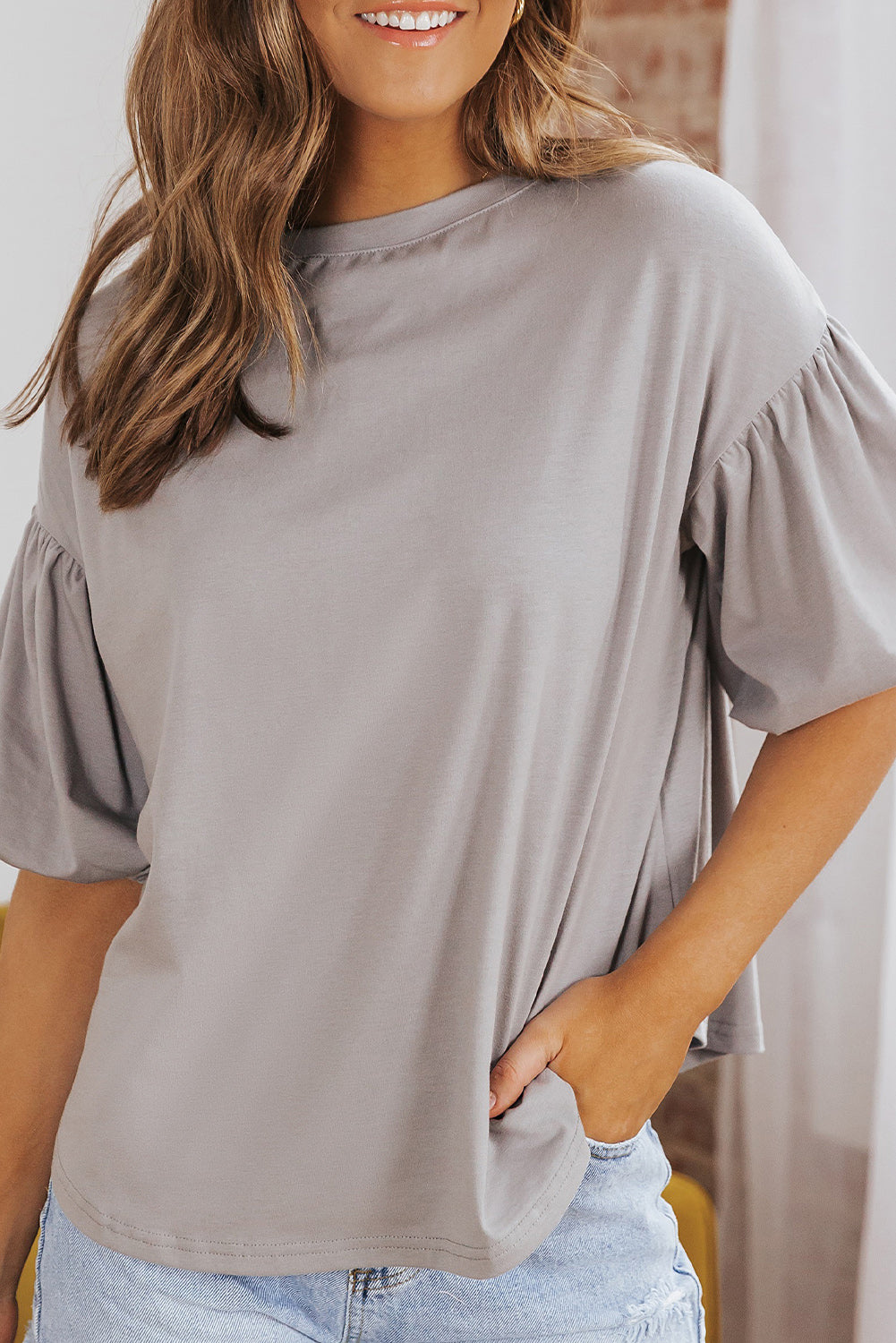 Bubble Sleeve Round Neck Blouse