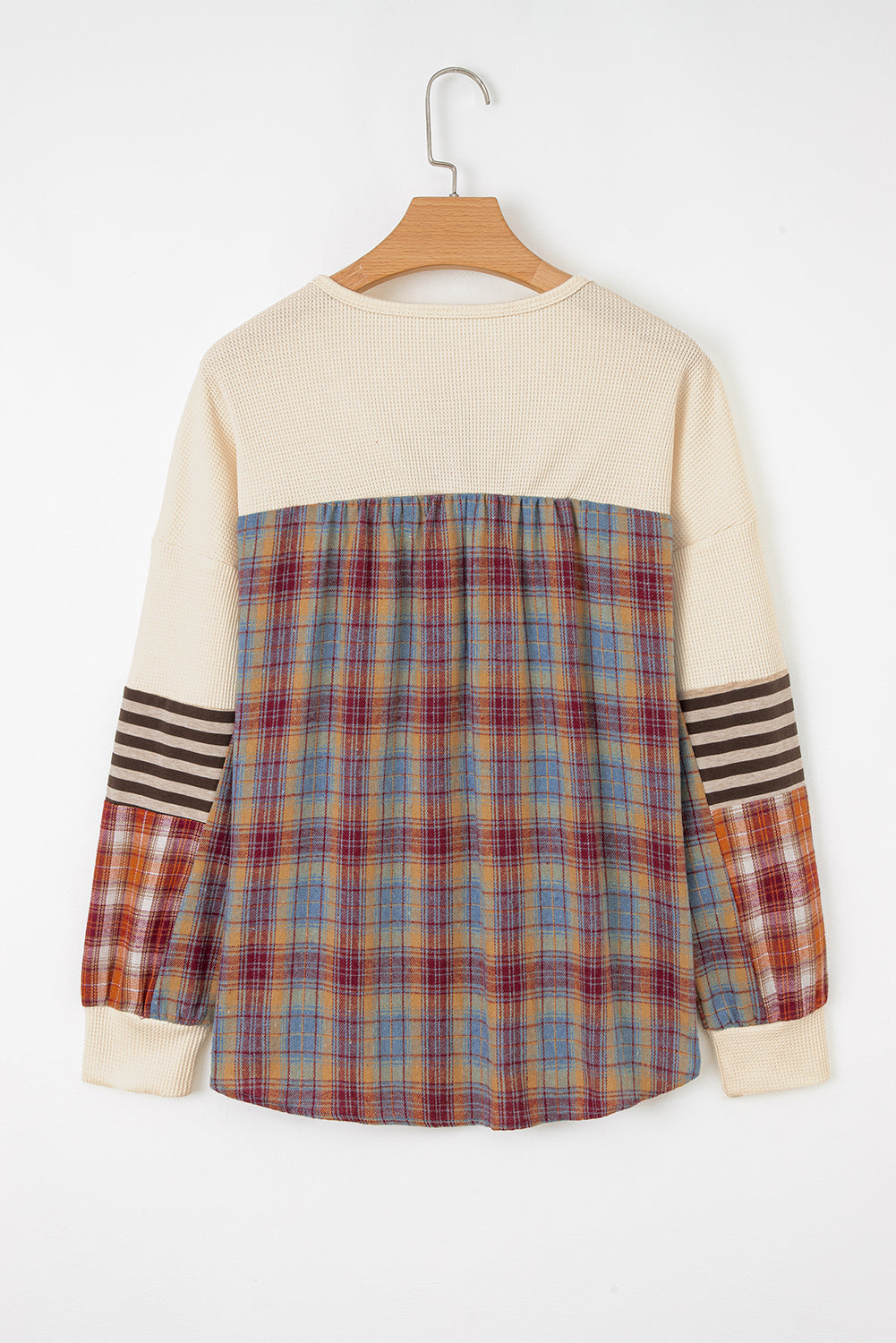 Stripe Plaid Patchwork Waffle Knit Henley Top