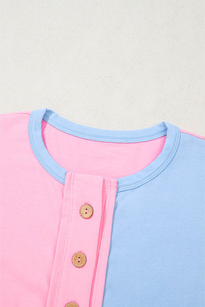 Colorblock Checker Half Button Henley T-Shirt