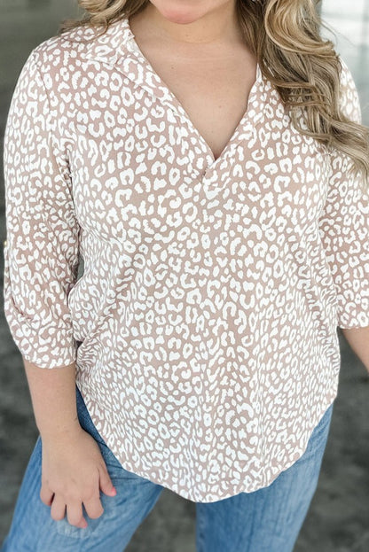 Leopard Tab Sleeve V-Neck Top Plus Size