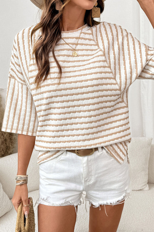 Stripe Textured Knit 3/4 Sleeve Top