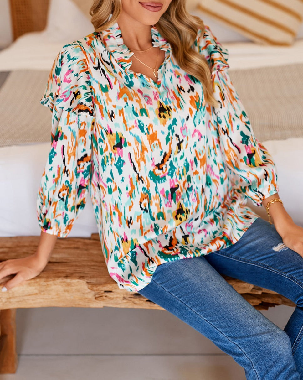 Abstract Ruffle 3/4 Puff Sleeve Blouse