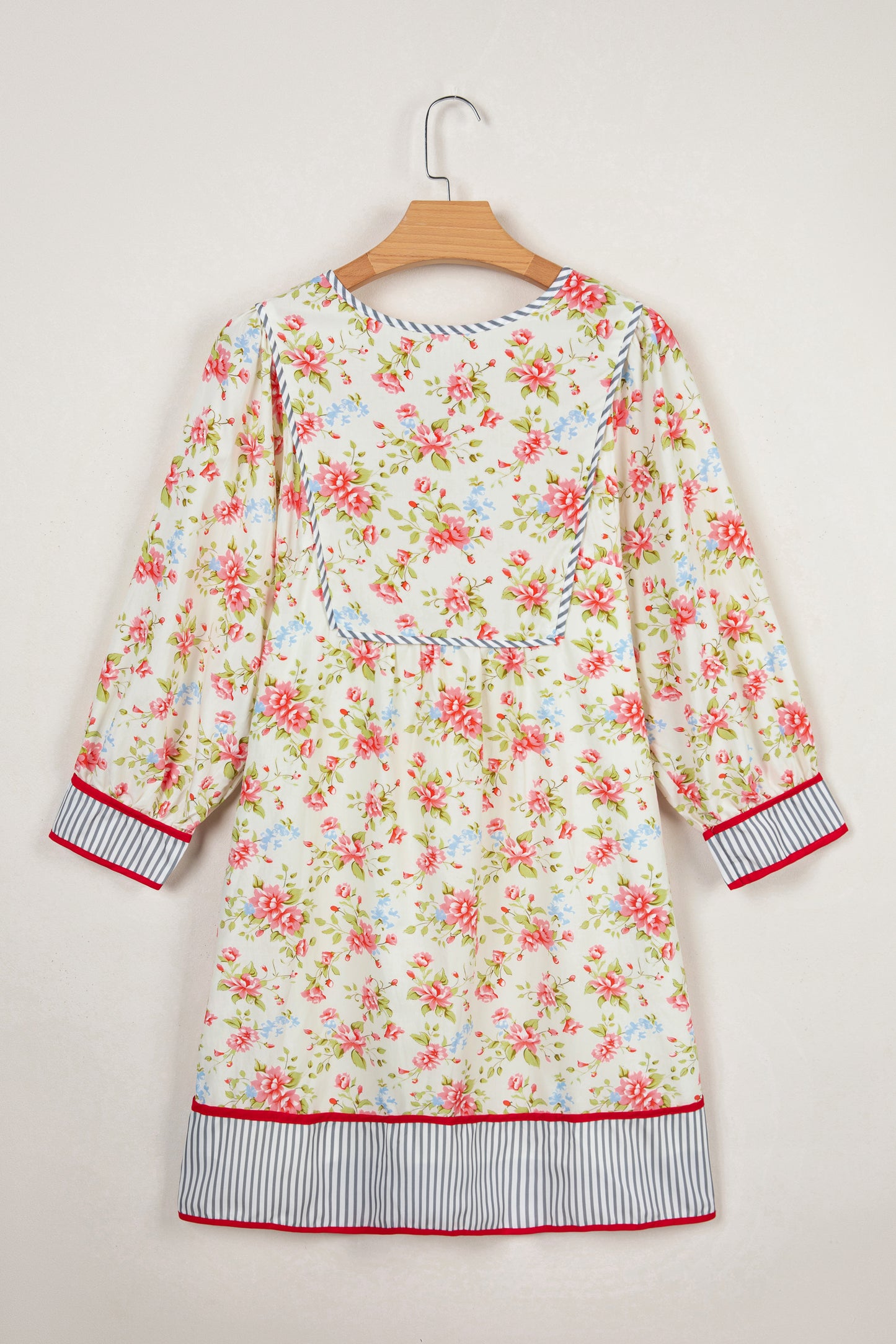 Floral Stripe Trim 3/4 Puff Sleeve Dress