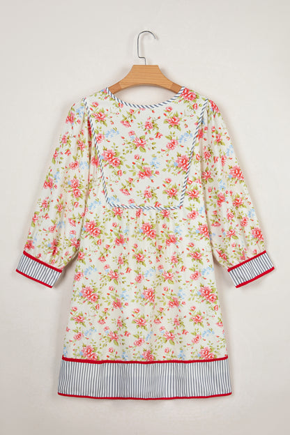 Floral Stripe Trim 3/4 Puff Sleeve Dress