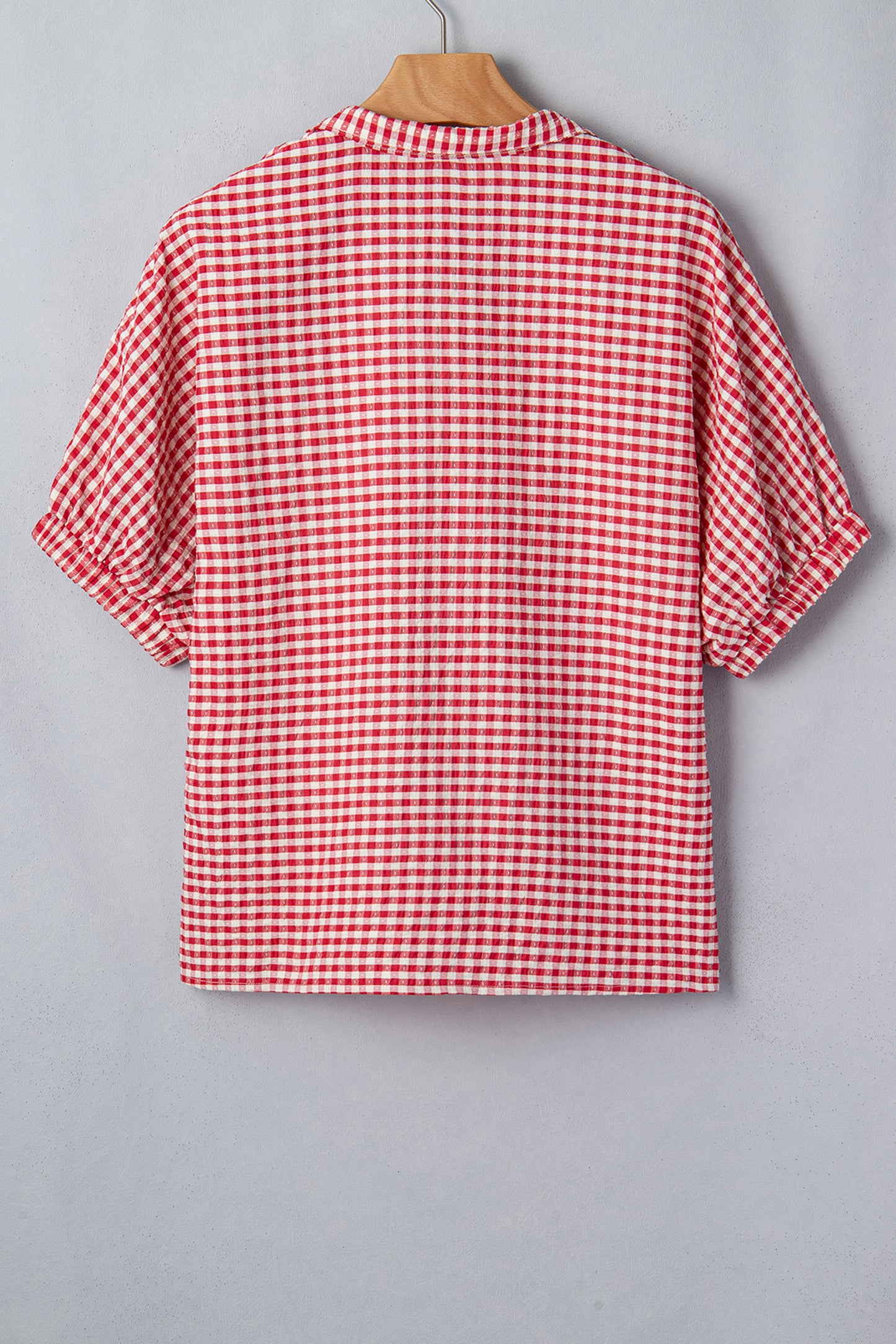 Gingham Plaid Colorblock Trim Split Neck Blouse