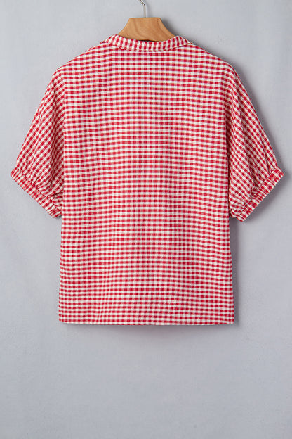 Gingham Plaid Colorblock Trim Split Neck Blouse