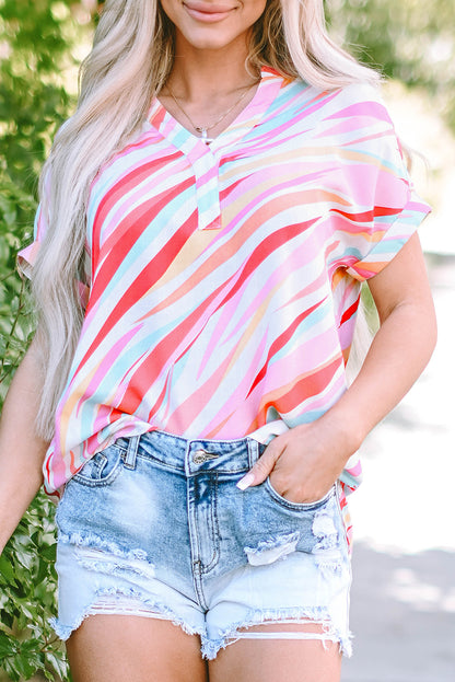 Abstract High Low Short Sleeve Blouse