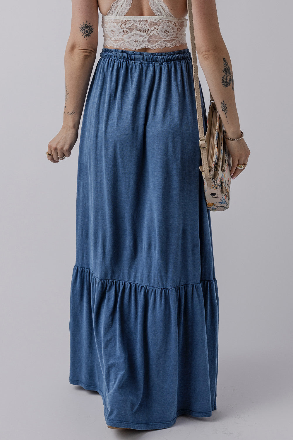 Denim Chambray Tiered Maxi Skirt