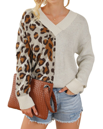 Leopard Colorblock V Neck Knit Sweater