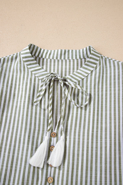 Stripe Tassel Tie-Neck Ruffle Tiered Dress