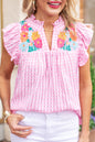 Ruffle Floral Embroidered Checker Top