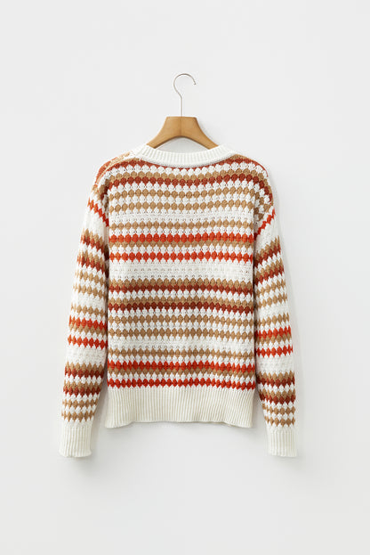 Stripe Eyelet Knit Drop Shoulder Sweater