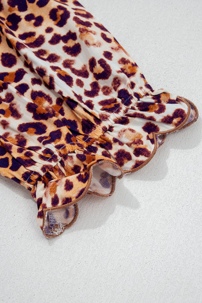 Plus Size Leopard Frilled Stand Neck Blouse