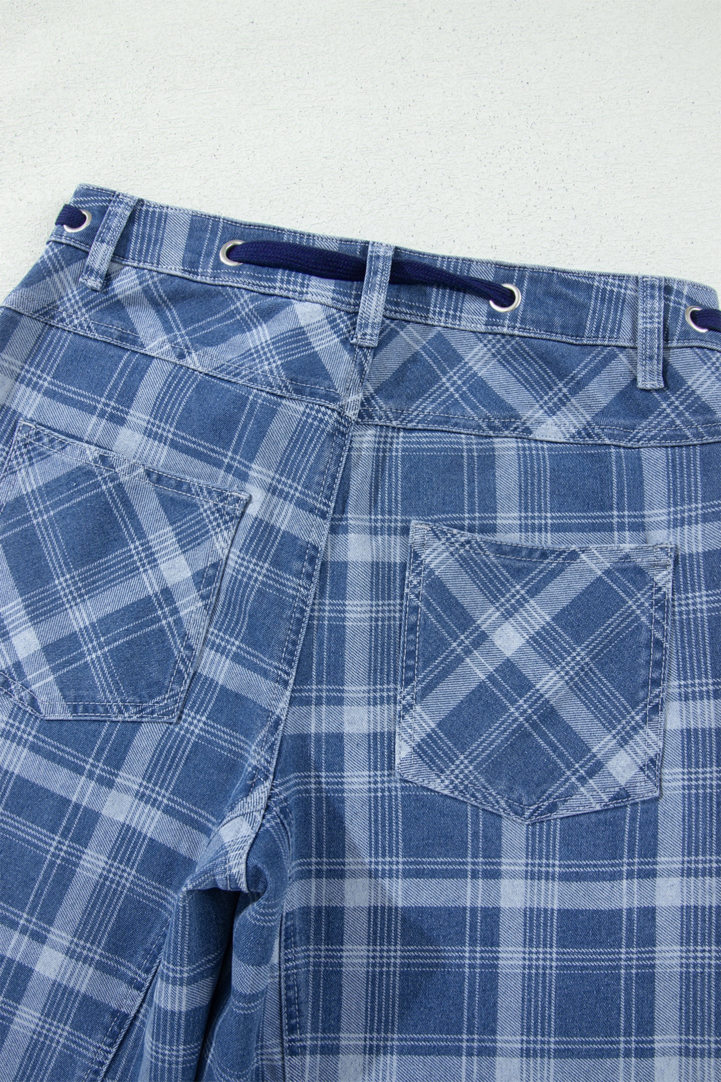 Denim Plaid Grommet Drawstring Waist Jeans