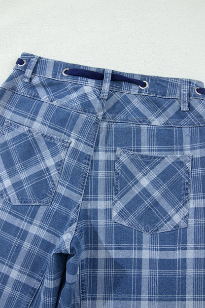 Denim Plaid Grommet Drawstring Waist Jeans