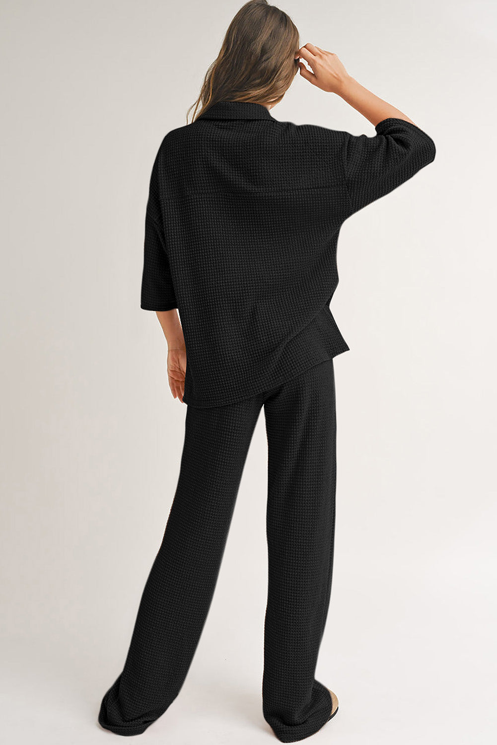 Solid Textured Buttoned Shirt and Pants Set