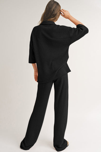 Solid Textured Buttoned Shirt and Pants Set