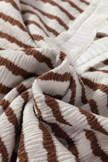 Stripe Textured Long Sleeve Hooded V-Neck Top