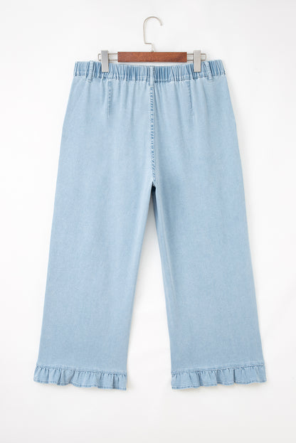Plus Size Denim Elastic Waist Ruffle Wide Leg Pants