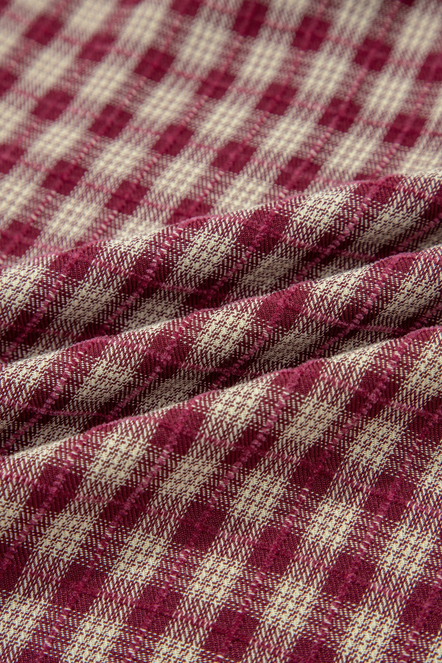 Plaid Button Keyhole Pleated Long Sleeve Blouse