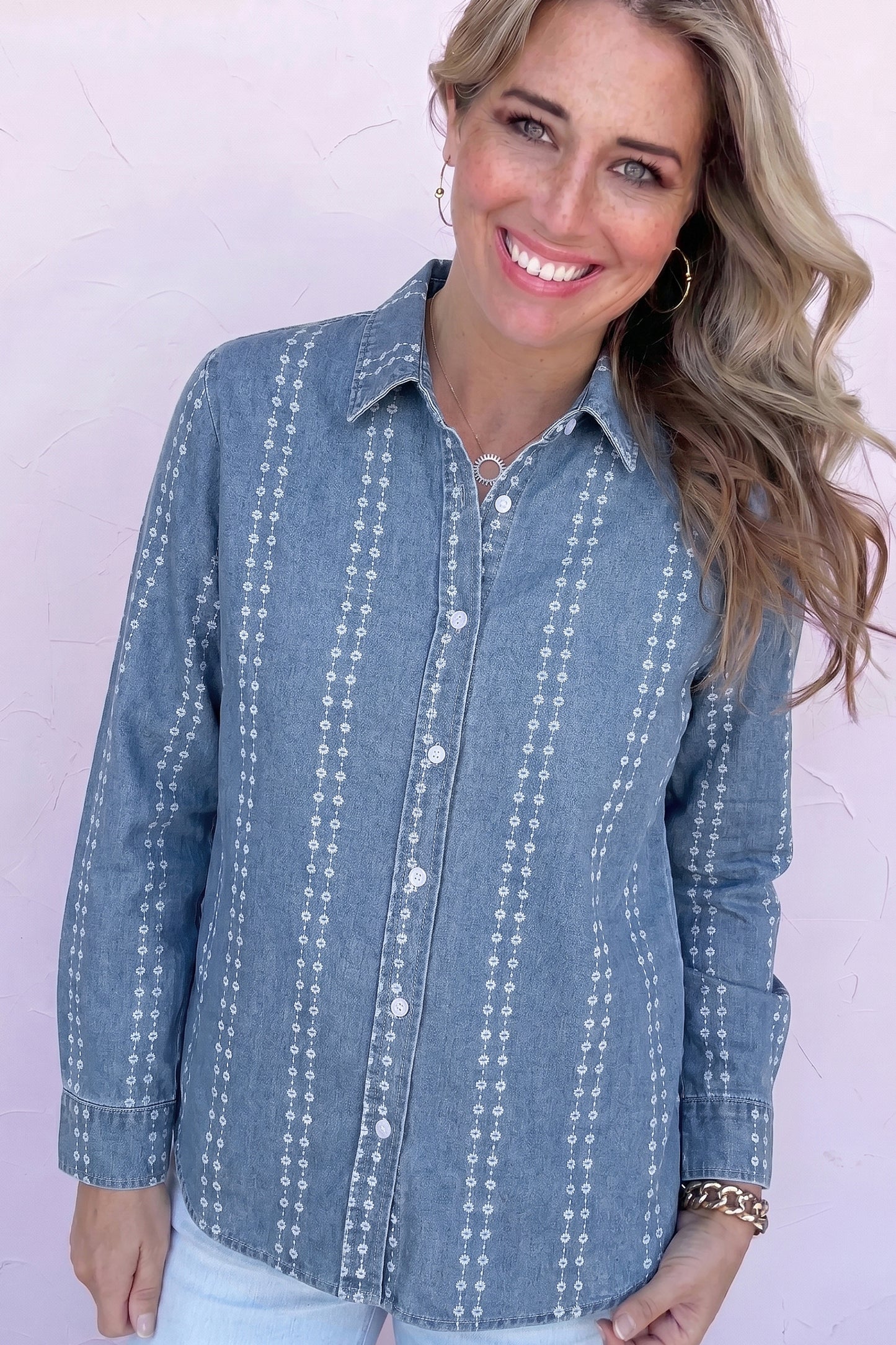 Floral Stripe Denim Buttoned Long Sleeve Shirt