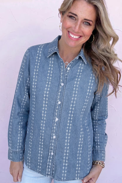 Floral Stripe Denim Buttoned Long Sleeve Shirt