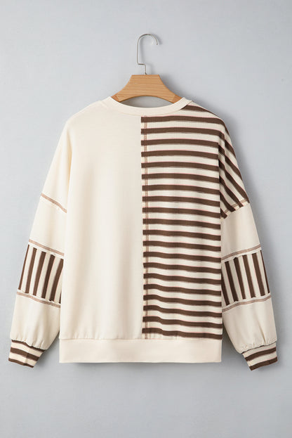Khaki Stripe Stitched Detail Color Block Patchwork Oversized Pullover Top