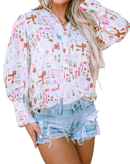 Abstract Lantern Sleeve Buttoned Shirt