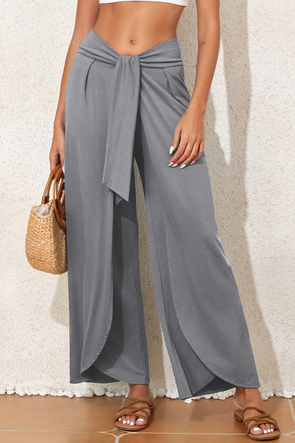 Solid Knotted Drop Waist Split Leg Pants