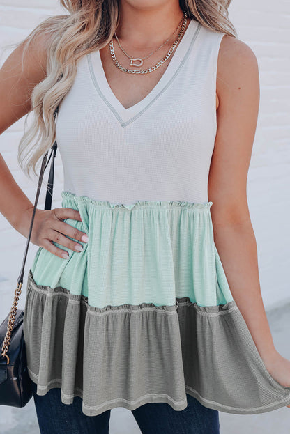 Colorblock Waffle Ruffle Tank Top