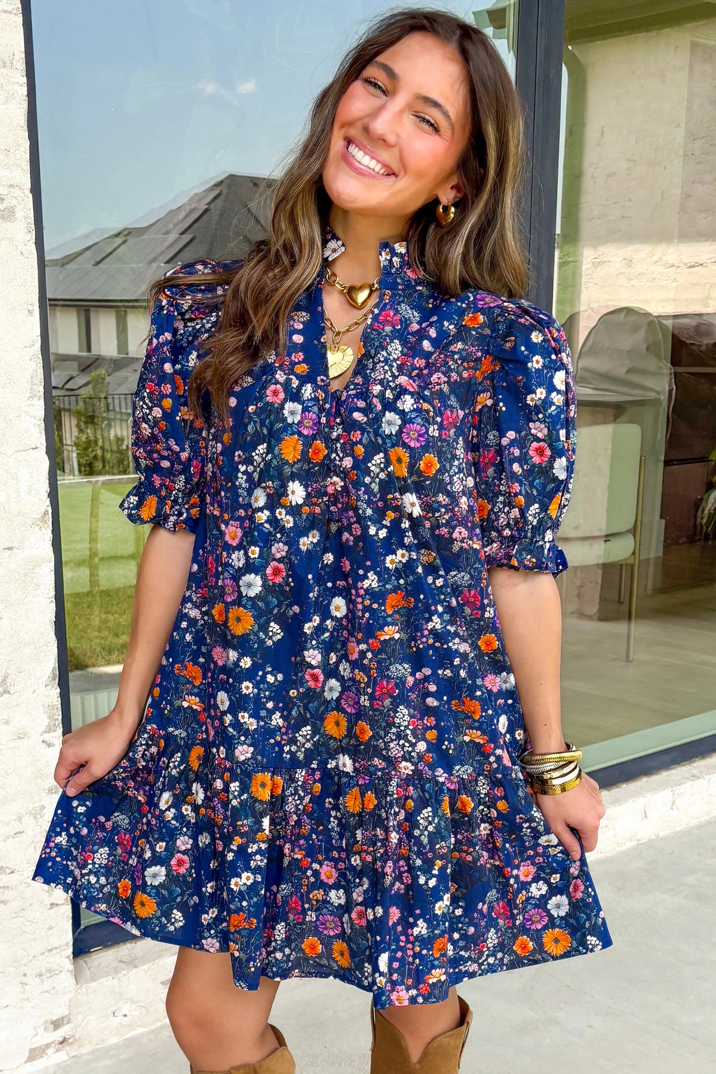 Floral Split Neck Puff Sleeve Mini Dress