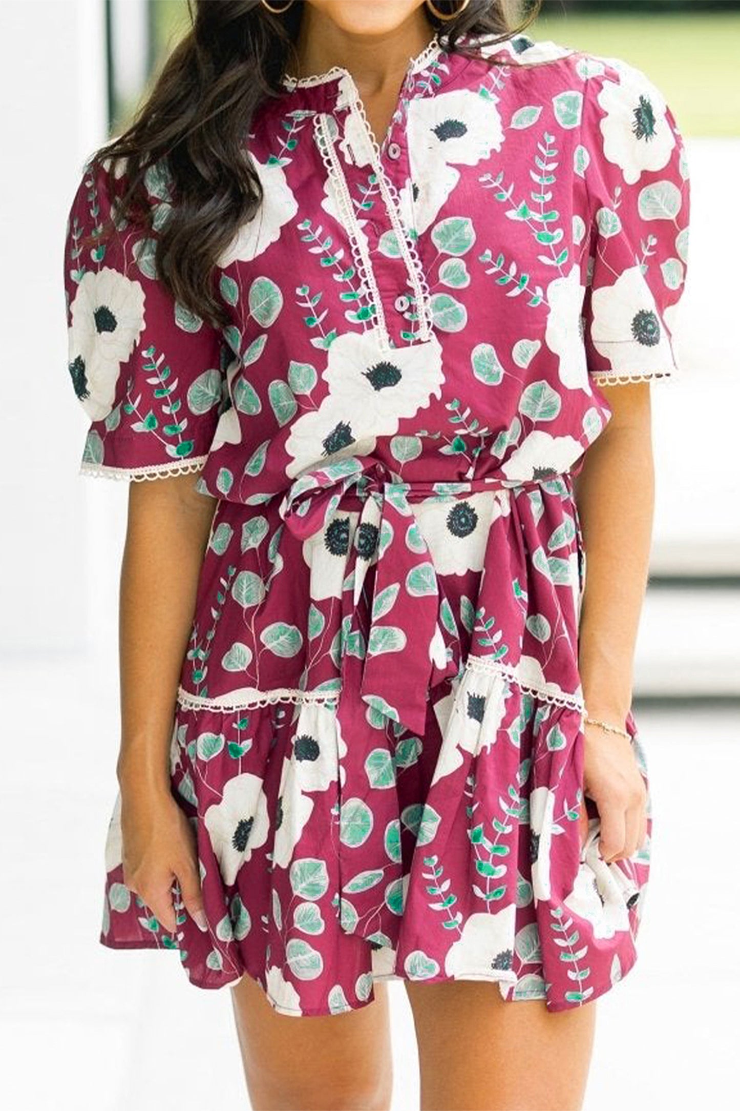 Floral Short Puff Sleeve Belted Mini Dress