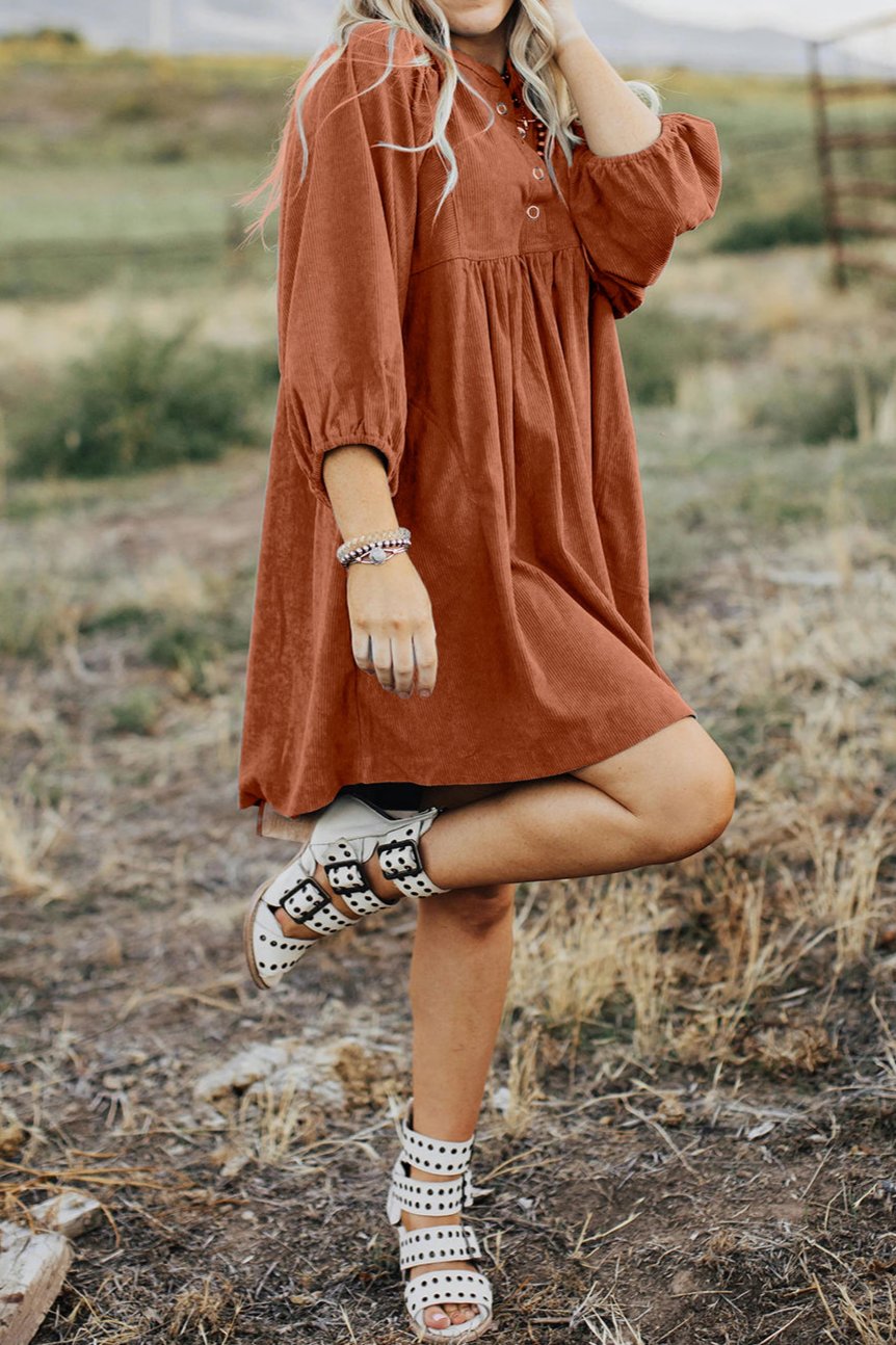 Corduroy Buttoned 3/4 Sleeve Dress