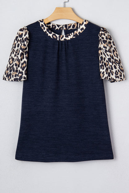 Leopard Patchwork Ribbed Short Sleeve Top