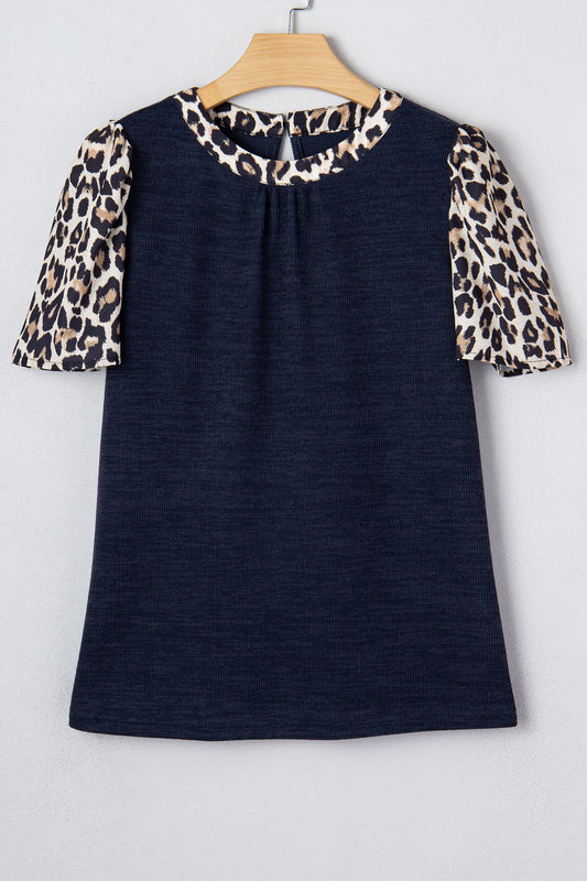 Leopard Patchwork Ribbed Short Sleeve Top