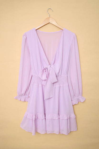 Bow V-Neck Lantern Sleeve Dress