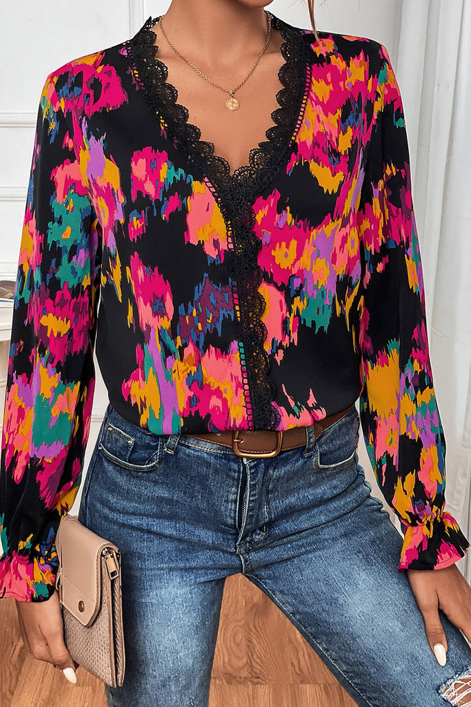 Abstract Floral Lace Trimmed Blouse