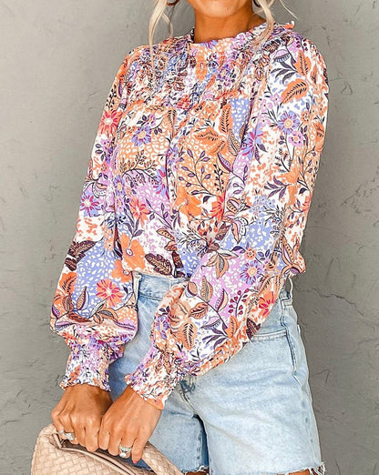 Floral Smocked Bishop Sleeve Blouse