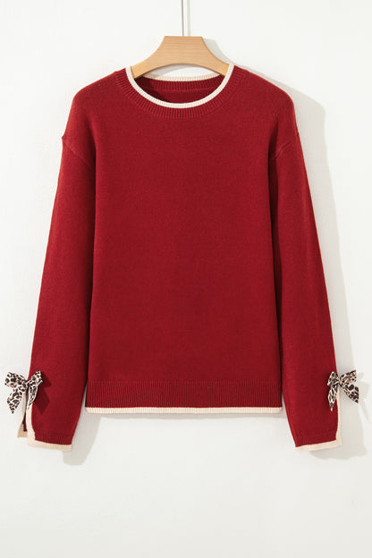 Leopard Bow Split Cuff Contrast Trim Sweater