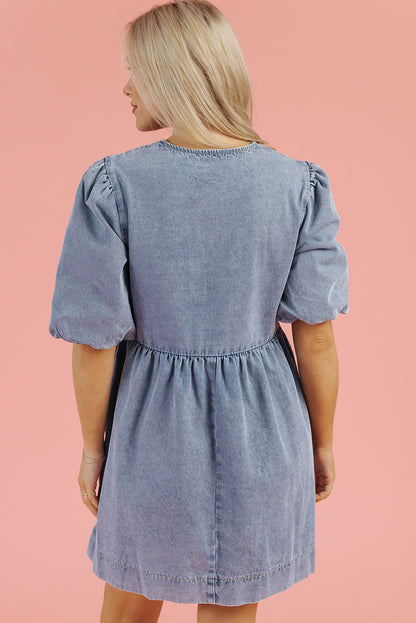 Denim Bow Bubble Sleeve Mini Dress