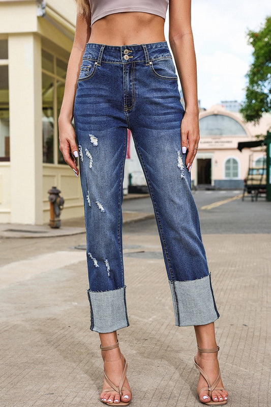 Denim High Waist Distressed Straight Leg Jeans